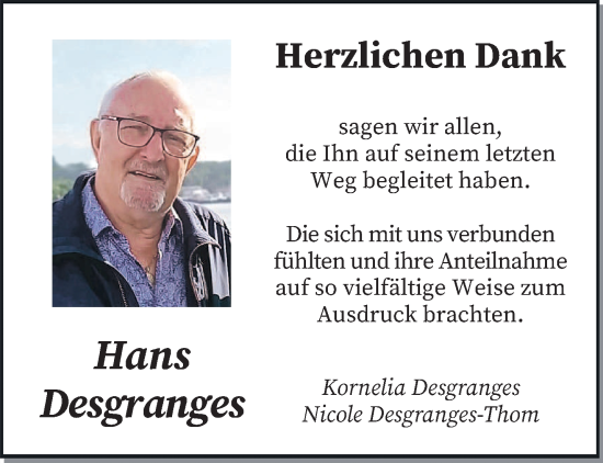 Todesanzeige von Hans Desgranges von saarbruecker_zeitung