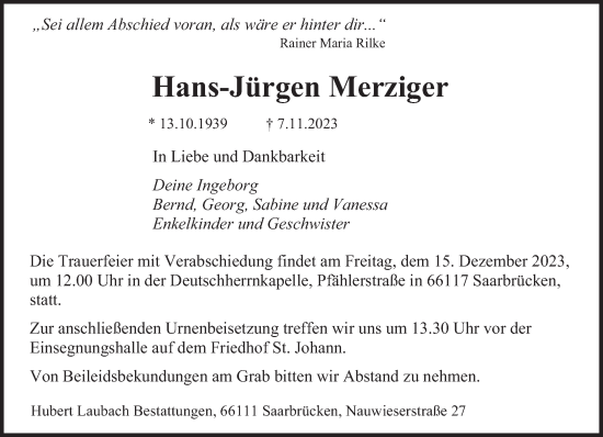 Todesanzeige von Hans-Jürgen Merziger von saarbruecker_zeitung