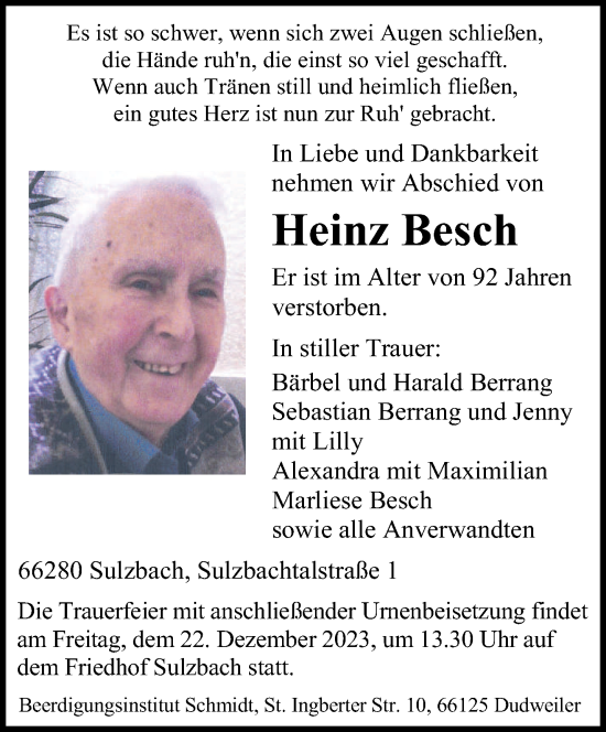 Todesanzeige von Heinz Besch von saarbruecker_zeitung