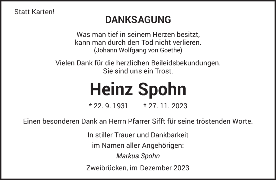 Todesanzeige von Heinz Spohn von saarbruecker_zeitung