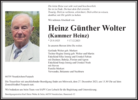 Todesanzeige von Heinz Günther Wolter von saarbruecker_zeitung