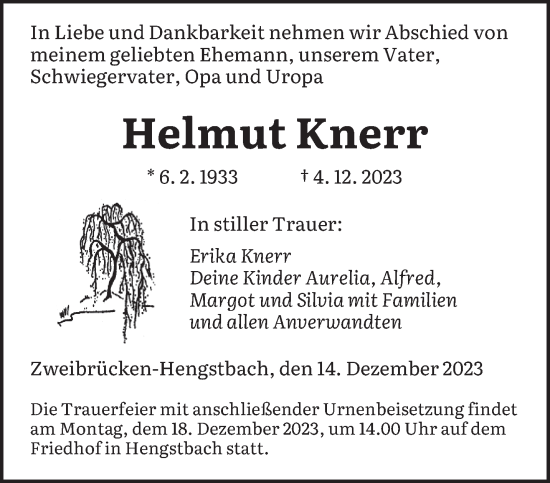 Todesanzeige von Helmut Knerr von saarbruecker_zeitung