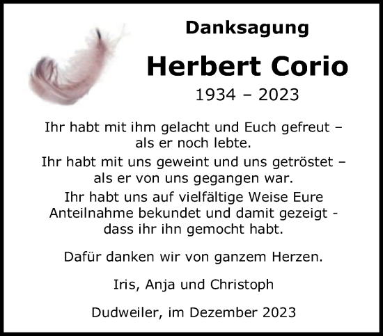 Todesanzeige von Herbert Corio von saarbruecker_zeitung