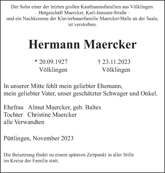 Todesanzeige von Hermann Maercker von saarbruecker_zeitung
