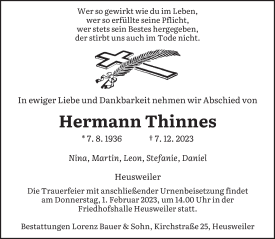 Todesanzeige von Hermann Thinnes von saarbruecker_zeitung
