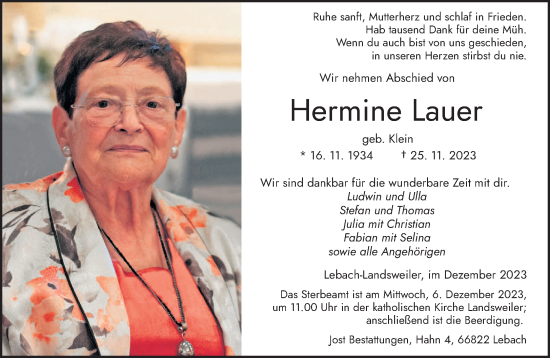 Todesanzeige von Hermine Lauer von saarbruecker_zeitung