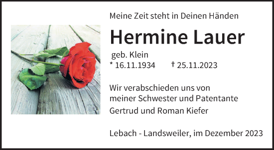 Todesanzeige von Hermine Lauer von saarbruecker_zeitung