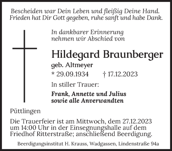 Todesanzeige von Hildegard Braunberger von saarbruecker_zeitung