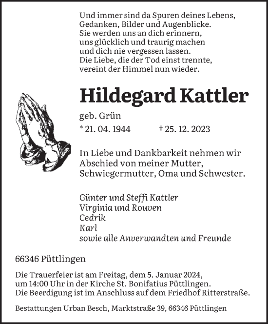 Todesanzeige von Hildegard Kattler von saarbruecker_zeitung