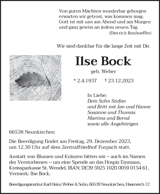 Todesanzeige von Ilse Bock von saarbruecker_zeitung