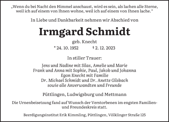Todesanzeige von Irmgard Schmidt von saarbruecker_zeitung
