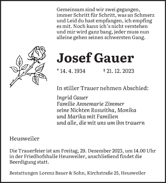 Todesanzeige von Josef Gauer von saarbruecker_zeitung