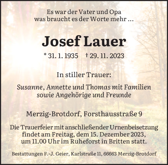 Todesanzeige von Josef Lauer von saarbruecker_zeitung