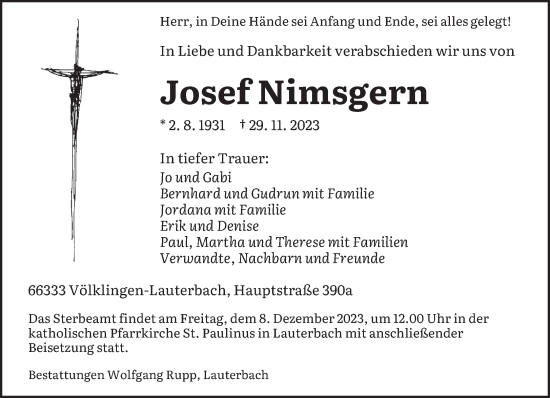 Todesanzeige von Josef Nimsgern von saarbruecker_zeitung