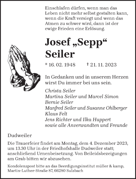 Todesanzeige von Josef Seiler von saarbruecker_zeitung