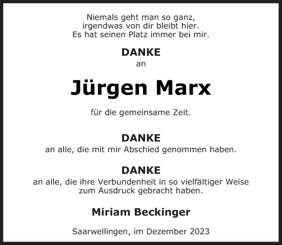Todesanzeige von Jürgen Marx von saarbruecker_zeitung