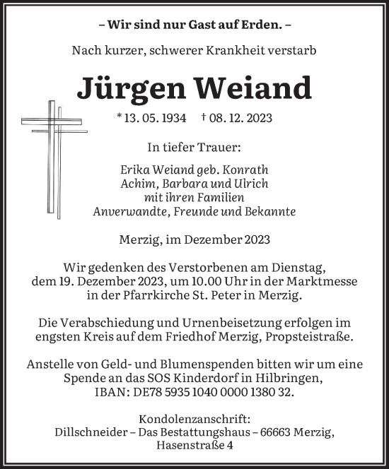 Todesanzeige von Jürgen Weiand von saarbruecker_zeitung