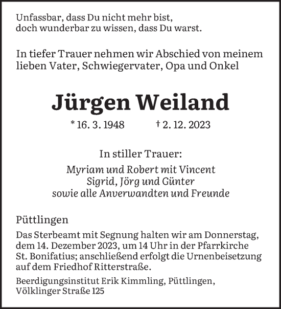 Todesanzeige von Jürgen Weiland von saarbruecker_zeitung