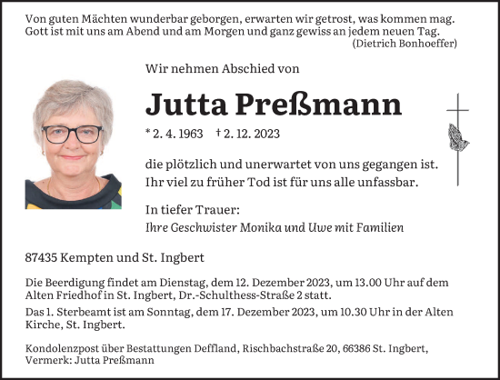 Todesanzeige von Jutta Preßmann von saarbruecker_zeitung