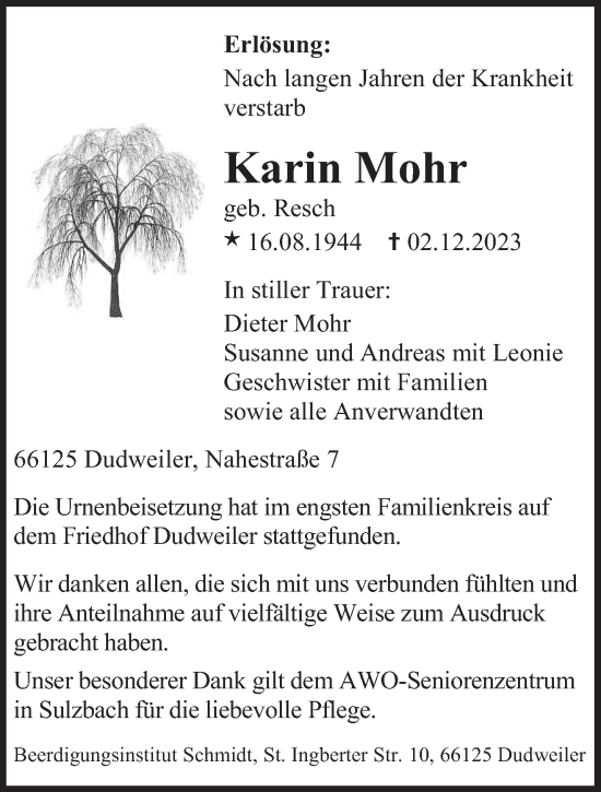 Todesanzeige von Karin Mohr von saarbruecker_zeitung