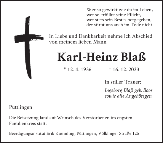 Todesanzeige von Karl-Heinz Blaß von saarbruecker_zeitung