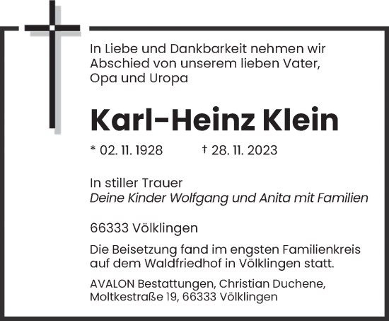 Todesanzeige von Karl-Heinz Klein von saarbruecker_zeitung