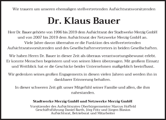 Todesanzeige von Klaus Bauer von saarbruecker_zeitung