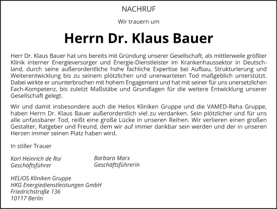 Todesanzeige von Klaus Bauer von saarbruecker_zeitung
