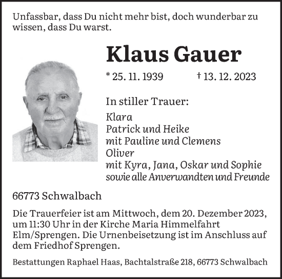 Todesanzeige von Klaus Gauer von saarbruecker_zeitung