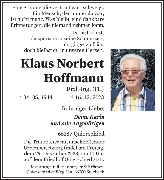 Todesanzeige von Klaus Norbert Hoffmann von saarbruecker_zeitung