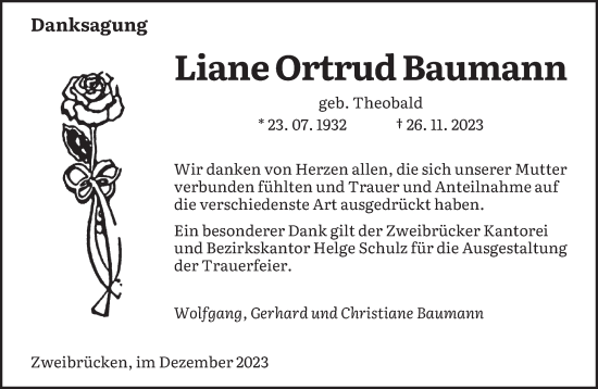 Todesanzeige von Liane Ortrud Baumann von saarbruecker_zeitung