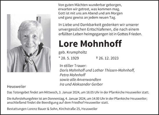Todesanzeige von Lore Mohnhoff von saarbruecker_zeitung