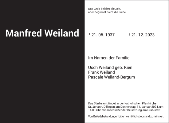Todesanzeige von Manfred Weiland von saarbruecker_zeitung