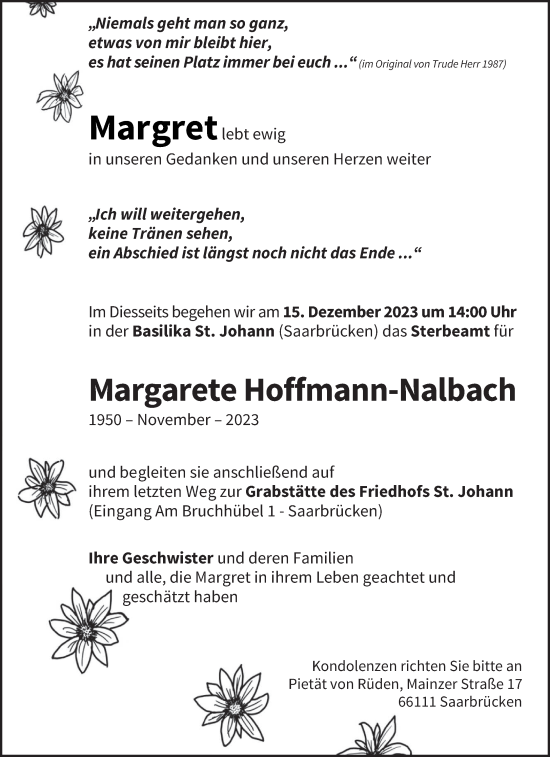 Todesanzeige von Margarete Hoffmann-Nalbach von saarbruecker_zeitung