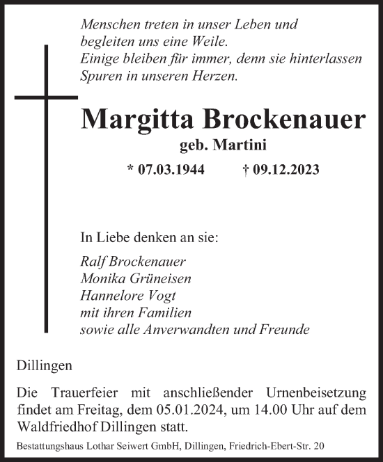 Todesanzeige von Margitta Brockenauer von saarbruecker_zeitung