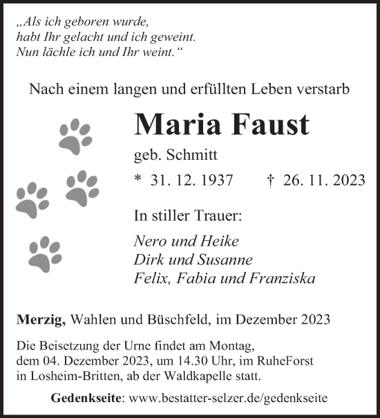 Todesanzeige von Maria Faust von saarbruecker_zeitung