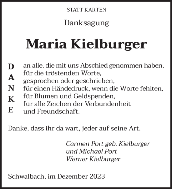 Todesanzeige von Maria Kielburger von saarbruecker_zeitung