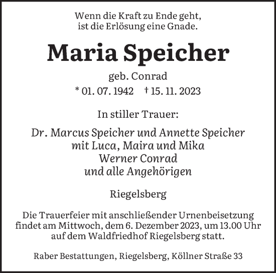 Todesanzeige von Maria Speicher von saarbruecker_zeitung