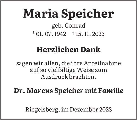 Todesanzeige von Maria Speicher von saarbruecker_zeitung