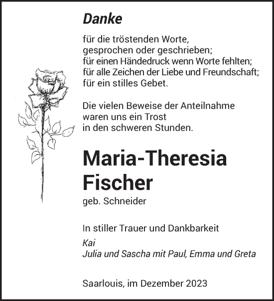 Todesanzeige von Maria-Theresia Fischer von saarbruecker_zeitung