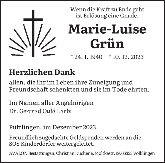 Todesanzeige von Marie-Luise Grün von saarbruecker_zeitung