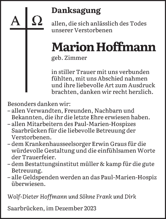 Todesanzeige von Marion Hoffmann von saarbruecker_zeitung