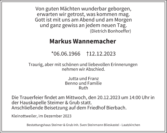 Todesanzeige von Markus Wannemacher von saarbruecker_zeitung
