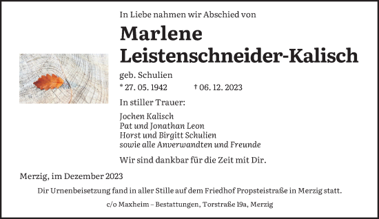 Todesanzeige von Marlene Leistenschneider-Kalisch von saarbruecker_zeitung