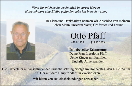 Todesanzeige von Otto Pfaff von saarbruecker_zeitung