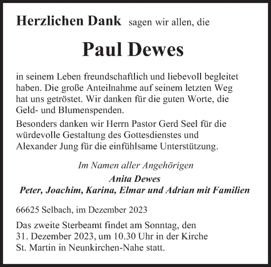 Todesanzeige von Paul Dewes von saarbruecker_zeitung