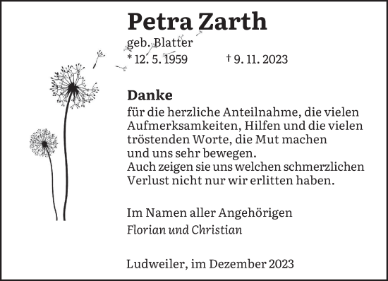 Todesanzeige von Petra Zarth von saarbruecker_zeitung