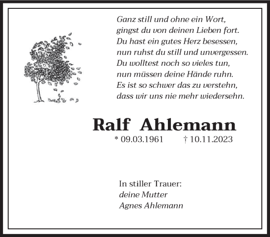 Todesanzeige von Ralf Ahlemann von saarbruecker_zeitung