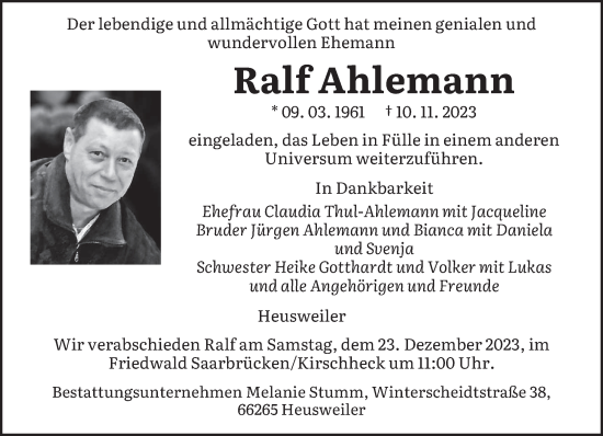 Todesanzeige von Ralf Ahlemann von saarbruecker_zeitung