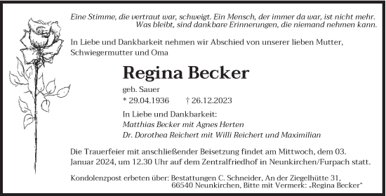 Todesanzeige von Regina Becker von saarbruecker_zeitung